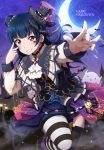  1girl asymmetrical_legwear bat black_hair blush crescent_moon frills halloween hat highres long_hair looking_at_viewer love_live! love_live!_sunshine!! mini_hat moon shiimai smile solo striped striped_legwear thigh-highs tsushima_yoshiko violet_eyes 