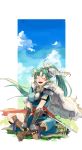  1girl absurdres bow_(weapon) closed_eyes earrings fingerless_gloves fire_emblem fire_emblem:_rekka_no_ken fire_emblem_heroes gloves green_hair high_ponytail highres jewelry long_hair looking_at_viewer lyndis_(fire_emblem) nintendo nonomori_(anst_nono) open_mouth pelvic_curtain ponytail side_slit sky smile solo weapon 
