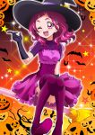  1girl ;d bangs bat blush boots breasts broom broom_riding commentary_request corset dress elbow_gloves gloves hair_ornament halloween halloween_costume hanzou hat high_heel_boots high_heels highres hugtto!_precure jack-o&#039;-lantern long_hair looking_at_viewer nono_hana one_eye_closed open_mouth panties panty_peek pink_eyes pink_hair precure pumpkin shiny shiny_hair shiny_skin shooting_star sidelocks small_breasts smile solo sparkle star thigh-highs thigh_boots underwear witch witch_hat x_hair_ornament 