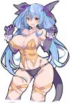  1girl :d bangs bare_shoulders black_gloves black_panties black_ribbon blue_hair breasts cleavage collarbone dizzy elbow_gloves enpe eyebrows_visible_through_hair fang gloves gluteal_fold groin guilty_gear hair_between_eyes hair_ribbon halloween highres large_breasts long_hair looking_at_viewer navel open_mouth panties red_eyes ribbon simple_background smile solo tail thighs underwear white_background 