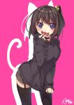  1girl animal_ears artist_name ayataka black_legwear black_sweater breasts brown_hair candy cat_ears cat_tail clothes_tug different_shadow food garter_straps hair_bobbles hair_ornament highres long_sleeves original short_hair short_shorts shorts side_ponytail simple_background sleeves_past_wrists sweater sweater_tug tail thigh-highs violet_eyes 
