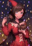  1girl birthday birthday_cake blouse breasts brown_hair cake candle cape chocolate_cake commentary_request corset food fork glitter grey_eyes happy_birthday hat highres kio_rojine licking_lips party_hat ruby_rose rwby solo tongue tongue_out 