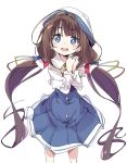  1girl blue_eyes brown_hair eyebrows_visible_through_hair hair_ribbon hat hinatsuru_ai ixy long_hair looking_at_viewer low_twintails open_mouth ribbon ryuuou_no_oshigoto! school_uniform simple_background smile solo standing twintails white_background white_hat yellow_ribbon 
