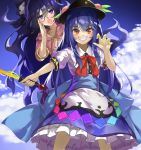  2girls arm_up bangle behind_another blue_eyes blue_hair blue_sky bow bracelet claw_pose clouds commentary_request cowboy_shot day drawstring dress eyebrows_visible_through_hair eyes_visible_through_hair food fruit grin hair_bow hand_on_own_cheek hat hinanawi_tenshi hood hood_down jewelry layered_dress leaf long_hair looking_at_viewer multiple_girls open_mouth outdoors outstretched_arm peach petticoat pink_hoodie piyodesu puffy_short_sleeves puffy_sleeves red_eyes red_neckwear ribbon short_sleeves sky smile standing sword_of_hisou touhou very_long_hair wing_collar yorigami_shion 