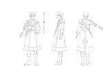  1boy aiguillette armor boots bow bowtie character_sheet coat double-breasted enfield_(senjuushi) epaulettes from_behind full_body gauntlets gloves hand_on_hip hat highres holding jewelry lineart long_coat majiro_(mazurka) male_focus military military_uniform monochrome multiple_views official_art outstretched_arm peaked_cap senjuushi:_the_thousand_noble_musketeers short_hair shoulder_armor single_earring single_gauntlet smile standing translation_request transparent_background turnaround uniform 