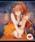  1girl bare_arms bare_shoulders breasts brown_hair bug claw_pose cleavage commentary desk doki_doki_literature_club english_commentary fangs food_themed_hair_ornament hair_between_eyes hair_ornament halloween hat heart large_breasts long_hair looking_at_viewer mini_hat mini_witch_hat monika_(doki_doki_literature_club) nail_polish odakojirou one_eye_closed ponytail pumpkin_hair_ornament purple_nails silk sleeveless smile solo spider spider_web spoken_heart team_salvato teeth tilted_headwear witch_hat 