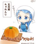  1girl :&lt; =3 apron bangs big_head blue_apron blue_eyes blue_hair blush carving chibi commentary_request cutting_board frown halloween holding kantai_collection long_hair mae_(maesanpicture) pumpkin samidare_(kantai_collection) short_bangs solo translation_request v-shaped_eyebrows 