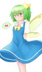  1girl absurdres arms_behind_back blue_dress bow check_commentary commentary_request daiyousei debaa dress fairy_wings green_eyes green_hair hair_bow heart highres looking_at_viewer open_eyes short_sleeves side_ponytail smile solo tagme touhou white_background wings 