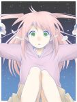  green_eyes highres hikaru_(ofuton_at5) hood hoodie knees_together_feet_apart long_hair looking_down nemoto_hina pink_hair sitting sky star star_(sky) starry_sky tears 