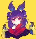  1girl absurdres animal_ears artist_name bat_ears closed_mouth dragon_wings fake_animal_ears fire_emblem fire_emblem:_seima_no_kouseki fire_emblem_heroes fur_trim halloween_costume highres lazymimium long_sleeves mamkute multi-tied_hair myrrh nintendo purple_hair red_eyes simple_background solo twintails wings yellow_background 