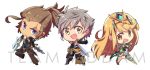  1girl 2boys adel_orudou armor blonde_hair boots breasts brown_hair chibi gloves highres mythra_(xenoblade) long_hair looking_at_viewer multiple_boys nintendo open_mouth pauldrons ponytail shirohunter short_hair simple_background smile sword weapon white_hair xenoblade_(series) xenoblade_2 xenoblade_2:_ogon_no_kuri_ira yellow_eyes 