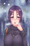  1girl bangs blush breasts crimecrime fate/grand_order fate_(series) highres large_breasts long_hair looking_at_viewer minamoto_no_raikou_(fate/grand_order) motherly parted_bangs purple_hair ribbed_sweater solo sweater very_long_hair violet_eyes 