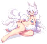  1girl ahoge animal_ears barefoot bikini blush breasts closed_mouth commentary_request dev eyebrows_visible_through_hair eyes_visible_through_hair fox_ears fox_tail full_body hair_between_eyes hand_on_own_leg hand_up highres kyuubi looking_at_viewer lying medium_breasts multiple_tails on_back original r-15 shadow simple_background smile solo striped striped_bikini sweat swimsuit tail white_background yellow_eyes 