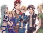  3boys 3girls animal_ears asuna_(sao-alo) bandanna black_eyes black_gloves black_hair blonde_hair blue_eyes blue_hair braid breastplate brown_hair cat_ears closed_eyes eugeo fingerless_gloves french_braid gloves gocoli green_eyes hair_bobbles hair_ornament hair_ribbon half_updo highres kirito_(sao-alo) klein leafa long_hair multiple_boys multiple_girls pointy_ears ponytail red_eyes redhead ribbon short_hair silica_(sao-alo) simple_background spiky_hair sword_art_online twin_braids twintails what_if white_background 