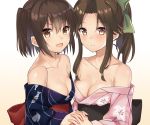  2girls :d alternate_costume bangs bare_shoulders blue_kimono blush bow breasts brown_eyes brown_hair cleavage collarbone eyebrows_visible_through_hair gradient gradient_background green_bow hair_between_eyes hair_bow hand_holding interlocked_fingers japanese_clothes jintsuu_(kantai_collection) kantai_collection kimono long_sleeves multiple_girls obi off_shoulder open_mouth parted_bangs parted_lips pink_background pink_kimono ponytail sash sendai_(kantai_collection) short_hair sidelocks small_breasts smile two_side_up upper_body v-shaped_eyebrows white_background yuzuttan 
