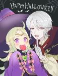  1boy 1girl akina_(akn_646) candy circlet fire_emblem fire_emblem:_kakusei fire_emblem_heroes food gloves green_hair halloween_costume happy_halloween hat henry_(fire_emblem) lollipop long_hair long_sleeves mamkute nintendo nowi_(fire_emblem) open_mouth pointy_ears short_hair sleeves_past_fingers sleeves_past_wrists violet_eyes white_gloves white_hair witch_hat 