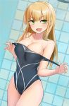 1girl blonde_hair breasts cccpo cleavage collarbone competition_swimsuit covered_navel cowboy_shot dutch_angle green_eyes large_breasts long_hair looking_at_viewer one-piece_swimsuit open_mouth original smile solo swimsuit swimsuit_pull tile_wall tiles 