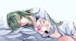  1girl bed_sheet breasts c.c. code_geass collarbone dress_shirt eyebrows_visible_through_hair green_hair grey_shirt hair_between_eyes holding long_hair looking_at_viewer lying medium_breasts meimi_k midriff naked_shirt navel on_side open_clothes open_mouth open_shirt orange_eyes shirt simple_background solo stomach under_boob very_long_hair white_background 