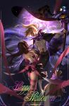  2girls ass aura back_bow belt blonde_hair bow bowtie broom brown_hair buttons cape collar d.va_(overwatch) dark_background eye_contact floating frilled_collar frills happy_halloween hat high_heels highres liang_xing long_skirt looking_at_another looking_down magic mercy_(overwatch) multiple_girls overwatch pantyhose parted_lips ribbon skirt striped striped_legwear whisker_markings witch witch_hat yuri 