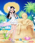  1girl beach black_hair blue_eyes clenched_hands dress futari_wa_precure hat highres long_hair misumi_nagisa official_art open_mouth palm_tree precure precure_connection_puzzlun sand sand_sculpture sandals smile solo straw_hat sundress swept_bangs third-party_source tree white_dress yukishiro_honoka 