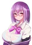  1girl ayumu_(ayumu3659) bangs blush bow bra breasts collared_shirt eyebrows_visible_through_hair highres jacket large_breasts lavender_hair looking_at_viewer off_shoulder purple_bow purple_jacket red-framed_eyewear see-through semi-rimless_eyewear shinjou_akane shirt short_hair simple_background smile solo ssss.gridman underwear upper_body violet_eyes wet wet_clothes wet_shirt white_background white_shirt 