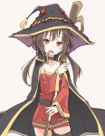  1girl black_hair black_legwear blush bright_pupils brown_hair choker collarbone contrapposto cowboy_shot dress flying_sweatdrops hat ixy kono_subarashii_sekai_ni_shukufuku_wo! looking_at_viewer megumin open_mouth red_dress red_eyes short_dress short_hair_with_long_locks simple_background solo staff standing strapless strapless_dress sweatdrop thigh-highs white_pupils witch_hat 