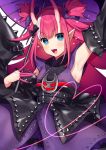  1girl :d arm_up armpits bangs black_bow black_sleeves blue_eyes blush bow breasts commentary detached_sleeves elizabeth_bathory_(fate) elizabeth_bathory_(fate)_(all) eyebrows_visible_through_hair fang fate/grand_order fate_(series) hair_between_eyes hair_bow hair_ribbon holding holding_umbrella horns japanese_clothes karokuchitose kimono long_hair long_sleeves multicolored_hair oni_horns open_mouth oriental_umbrella pink_hair pointy_ears purple_kimono purple_ribbon purple_umbrella ribbon sleeveless sleeveless_kimono small_breasts smile solo streaked_hair symbol_commentary two_side_up umbrella very_long_hair white_background white_hair 