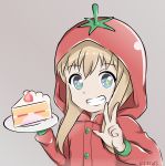 +_+ 1girl absurdres artist_name blonde_hair blue_eyes buttons cake clenched_teeth commentary_request fklars food fruit grey_background grin highres looking_at_viewer plate simple_background slice_of_cake smile solo strawberry teeth tomato_costume toshinou_kyouko w yuru_yuri 