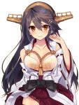  1girl aiguillette arm_behind_back bangs bare_shoulders black_hair blush bra breasts brown_eyes cleavage closed_mouth collarbone cowboy_shot detached_sleeves eyebrows_visible_through_hair hair_between_eyes hair_ornament hairband hairclip hand_up haruna_(kantai_collection) headgear japanese_clothes kantai_collection large_breasts long_hair looking_at_viewer nontraditional_miko red_skirt remodel_(kantai_collection) shirokitsune sidelocks simple_background skirt smile solo underwear white_background wide_sleeves yellow_bra 
