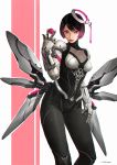  1girl absurdres ball bodysuit breasts closed_mouth devil_lo exoskeleton hair_between_eyes halo highres holding holding_object looking_at_viewer mechanical_wings medium_breasts multicolored_hair original pink_hair red_lips short_hair simple_background solo standing tagme wings 