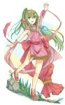  1girl :d arm_up blush bracelet chiki diadem dress eyebrows_visible_through_hair fang fire_emblem fire_emblem:_ankoku_ryuu_to_hikari_no_tsurugi floating_hair full_body fuussu_(21-kazin) green_eyes green_hair hair_between_eyes jewelry long_hair nintendo open_mouth pink_dress ponytail red_footwear short_dress sleeveless sleeveless_dress smile solo very_long_hair white_background 