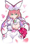  1girl absurdres aqua_eyes arm_behind_back bangs blush bouquet bracelet breasts bridal_veil cleavage cleavage_cutout clover dress elphelt_valentine enpe eyebrows_visible_through_hair flower four-leaf_clover gloves guilty_gear guilty_gear_xrd hair_between_eyes hairband highres index_finger_raised jewelry juliet_sleeves large_breasts long_sleeves petals pink_hair puffy_sleeves short_hair solo spiked_bracelet spiked_hairband spikes veil white_background white_dress 