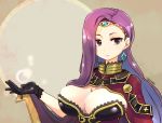  1girl artist_name black_gloves breasts cleavage closed_mouth earrings fire_emblem fire_emblem_echoes:_mou_hitori_no_eiyuuou gloves jewelry large_breasts long_hair nintendo purple_hair sksk7r smile solo sonia_(fire_emblem_gaiden) tiara violet_eyes 
