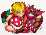  biting blonde_hair creatures_(company) dougi fangs fingerless_gloves flower_pot game_freak gen_7_pokemon gloves green_eyes grin group_hug highres hug incineroar ken_masters super_mario_bros. nintendo piranha_plant plant pokemon smile street_fighter super_smash_bros. super_smash_bros._ultimate thick_eyebrows yanedx yellow_sclera 