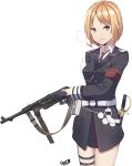  1girl absurdres armband bangs black_gloves black_jacket black_neckwear blonde_hair breasts brown_eyes cigarette collared_shirt eyebrows_visible_through_hair girls_frontline gloves gun half_gloves highres holding holding_gun holding_weapon jacket long_sleeves looking_at_viewer mouth_hold mp40 mp40_(girls_frontline) necktie object_namesake parted_bangs saber_(weapon) sheath sheathed shirt short_hair simple_background small_breasts smoke smoking solo standing submachine_gun sword tegar32 thigh_strap weapon white_background white_shirt 