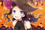  1girl :d bangs bare_shoulders black_shirt blue_eyes blush breasts brown_hair brown_hat collarbone commentary_request covered_collarbone detached_sleeves eyebrows_visible_through_hair fate/grand_order fate_(series) forehead ghost hat jack-o&#039;-lantern large_breasts leonardo_da_vinci_(fate/grand_order) long_hair open_mouth orange_background parted_bangs sakura_tsubame shirt signature sleeveless sleeveless_shirt smile solo upper_body witch_hat 