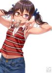  1girl aoi_sora_(pairan) armpits arms_up bare_shoulders blush brown_eyes brown_hair glasses hair_ornament hair_ribbon hairclip highres long_hair looking_at_viewer low_twintails midriff navel original pairan ribbon simple_background solo sweat twintails white_background 