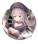  1girl :d animal bangs bemani blue_eyes blue_hat blue_jacket breasts character_request collarbone eyebrows_visible_through_hair grey_hair hair_between_eyes hair_ornament hairclip hamster hand_up hat jacket long_hair looking_at_viewer open_mouth se-u-ra short_sleeves small_breasts smile solo white_background 