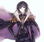  1boy bangs black_clothes black_gloves black_hair cape code_geass gloves lelouch_lamperouge looking_at_viewer male_focus meimi_k parted_bangs simple_background smile solo uniform violet_eyes white_background 