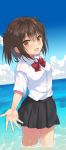  1girl :d bangs black_skirt blue_sky blush bow bowtie breasts brown_eyes brown_hair clouds collared_shirt day eyebrows_visible_through_hair hair_between_eyes highres kantai_collection looking_at_viewer medium_hair miniskirt ocean open_mouth outdoors outstretched_hand pleated_skirt red_neckwear red_ribbon ribbon sendai_(kantai_collection) shirt short_sleeves skirt sky small_breasts smile solo two_side_up wading water wet white_shirt wing_collar yuzuttan 
