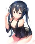  1girl arms_between_legs barefoot black_hair blush breasts brown_eyes covered_nipples hair_between_eyes hair_ornament hairclip highres long_hair looking_at_viewer loose_clothes loose_shirt original rekareka revision shirt simple_background small_breasts solo twintails very_long_hair white_background 
