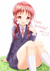  1girl :d black_jacket black_skirt blush brown_eyes brown_hair collared_shirt commentary_request dated gochuumon_wa_usagi_desu_ka? grass hair_ribbon happy_birthday head_tilt highres jacket kneehighs legs long_hair long_sleeves low_twintails natsu_megumi neck_ribbon on_grass open_mouth pink_ribbon playing_with_own_hair polka_dot_ribbon red_ribbon ribbon shirt sitting skirt smile solo twintails twitter_username white_background white_legwear white_shirt zenon_(for_achieve) 