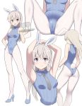  1girl animal_ears armpits arms_on_head ass blue_footwear blue_leotard breasts bunny_girl bunny_tail cup drinking_glass eila_ilmatar_juutilainen glastonbury1966 grey_neckwear leotard long_hair looking_at_viewer multiple_views necktie pantyhose ribbed_leotard silver_hair simple_background small_breasts spread_legs strike_witches tail tray violet_eyes white_background wine_glass world_witches_series 