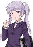  1girl andrian_gilang eyebrows_visible_through_hair flower hair_flower hair_ornament highres holding long_hair looking_at_viewer necktie new_game! open_mouth purple_blazer purple_hair shiny shiny_hair simple_background sketch solo striped suzukaze_aoba twintails uniform violet_eyes white_background 