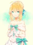  1girl ahoge artoria_pendragon_(all) blonde_hair blue_bow blue_eyes bow braided_bun breasts choker cleavage collarbone diadem dress eyebrows_visible_through_hair fate/stay_night fate_(series) flower gloves hair_between_eyes hair_bow highres holding holding_flower kamiowl long_hair off-shoulder_dress off_shoulder saber shiny shiny_hair sleeveless sleeveless_dress small_breasts solo standing white_background white_dress white_gloves 