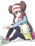  1girl bag black_legwear blue_eyes brown_hair closed_mouth creatures_(company) double_bun game_freak ixy long_hair looking_at_viewer mei_(pokemon) nintendo pantyhose poke_ball pokemon pokemon_(game) pokemon_bw2 raglan_sleeves shoes simple_background skirt smile solo visor_cap watch white_background yellow_skirt 