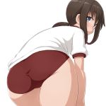  1girl ass black_hair blue_eyes blush buruma cowboy_shot dd_(ijigendd) from_behind fubuki_(kantai_collection) gym_shirt gym_uniform hair_tie kantai_collection leaning_forward long_hair looking_at_viewer looking_back low_ponytail open_mouth red_buruma shirt short_sleeves sidelocks simple_background solo thigh_gap white_background white_shirt 