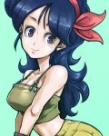  1girl ass bare_arms bare_shoulders blue_background blue_hair breasts dragon_ball dragon_ball_(classic) eyelashes green_tank_top hair_ribbon hairband hands_together happy long_hair looking_away lowres lunch_(dragon_ball) outstretched_arms red_hairband red_ribbon ribbon shirt shorts simple_background sleeveless sleeveless_shirt smile solo st62svnexilf2p9 tank_top upper_body violet_eyes yellow_shorts 