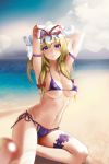  1girl absurdres arm_strap armpits arms_up bangs bare_arms bare_shoulders beach bikini blonde_hair blue_sky blurry_foreground bow breasts clouds commentary day eyebrows_visible_through_hair hair_between_eyes hair_bow hat hat_ribbon highres liyou-ryon looking_at_viewer medium_breasts micro_bikini mob_cap navel outdoors parted_lips purple_bikini red_bow red_ribbon ribbon sand shadow shiny shiny_skin side-tie_bikini sidelocks sitting sky smile solo stomach swimsuit thighs touhou violet_eyes water white_hat yakumo_yukari 