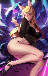  1girl ahri animal_ears bangs bare_legs bikini black_bikini blonde_hair bracelet breasts choker cian_yo cleavage earrings eyebrows_visible_through_hair fox_ears heart high_heels jewelry large_breasts league_of_legends lips long_hair looking_at_viewer lying nail_polish navel on_side see-through solo swept_bangs swimsuit whisker_markings 